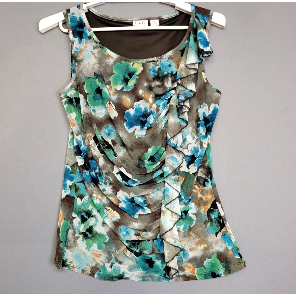 Cato Tank Top Blouse Womens M Blue Brown Flattering Drape Modern Romantic Artsy